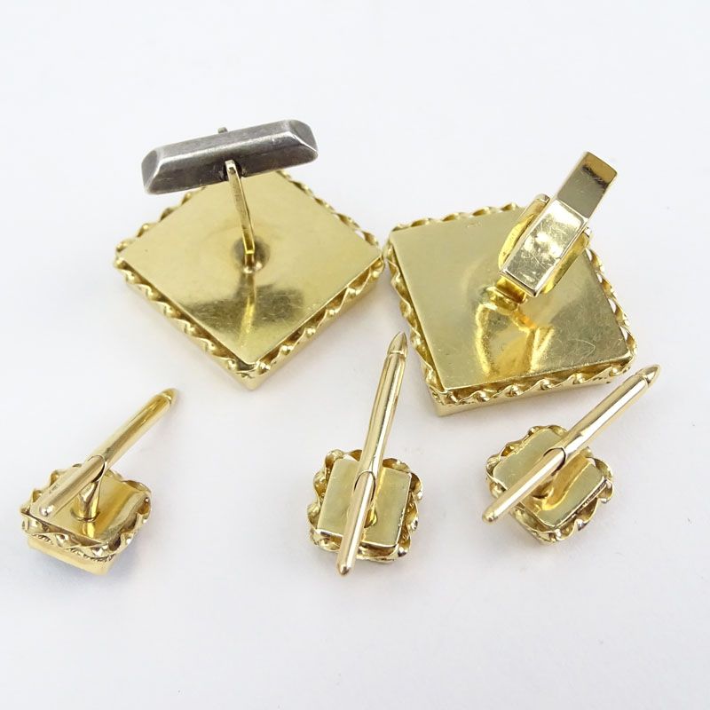 Man's Vintage Mosaic Opal and 14 Karat Yellow Gold Five (5) Piece Dress Shirt Set Including Cufflinks and Shirt Studs.