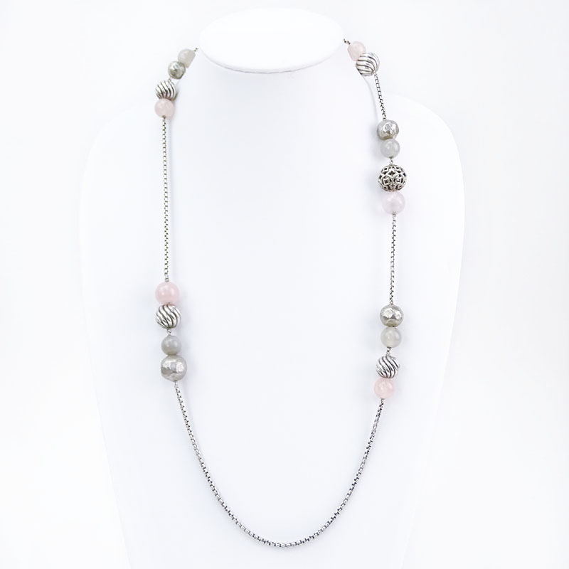 Vintage David Yurman Box Link Sterling Silver and Quartz Bead Necklace from the Spiritual Collection.