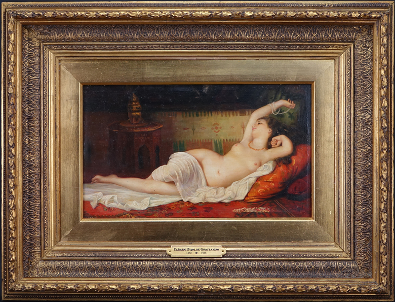 Clement Pujol de Guastavino, Spanish (1850 - 1905) Oil on panel "Orientalist Odalisque". 