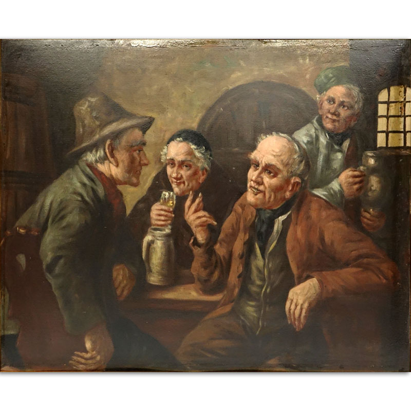 Antique German Oil on Board "The Tavern" Signed to top. 