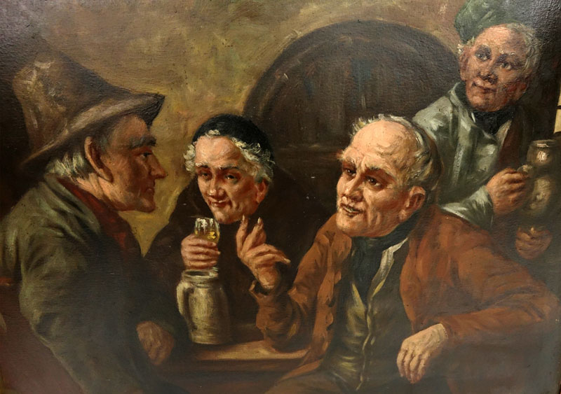 Antique German Oil on Board "The Tavern" Signed to top. 