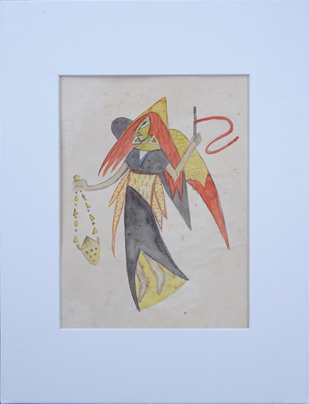 Attributed to: Xul Solar, Argentinian (1887 - 1963) aka: Oscar Agustín Alejandro Schulz Solari. Watercolor on paper "Surrealist Figure Of A Woman". 
