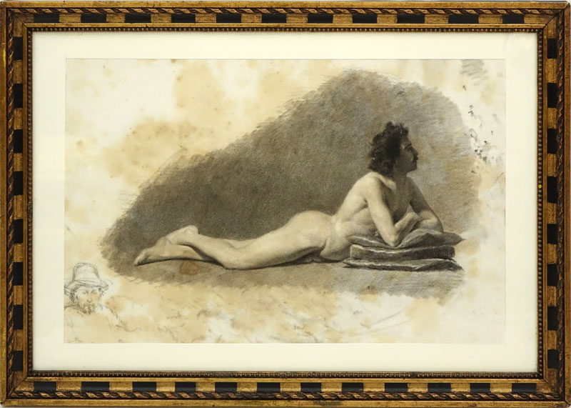 19th Century Italian School Charcoal Drawing "Reclining Male Nude" with small portrait lower left. Bears portrait monogram (faint). Toning, foxing, stains. 