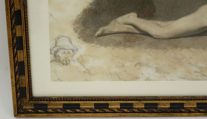 19th Century Italian School Charcoal Drawing "Reclining Male Nude" with small portrait lower left. Bears portrait monogram (faint). Toning, foxing, stains. 