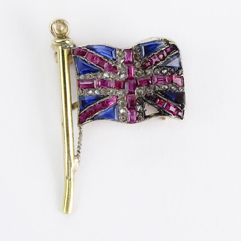 Vintage 18 Karat Yellow Gold British Flag Brooch Set with Rose Cut Diamonds, Sapphires and Rubies. 