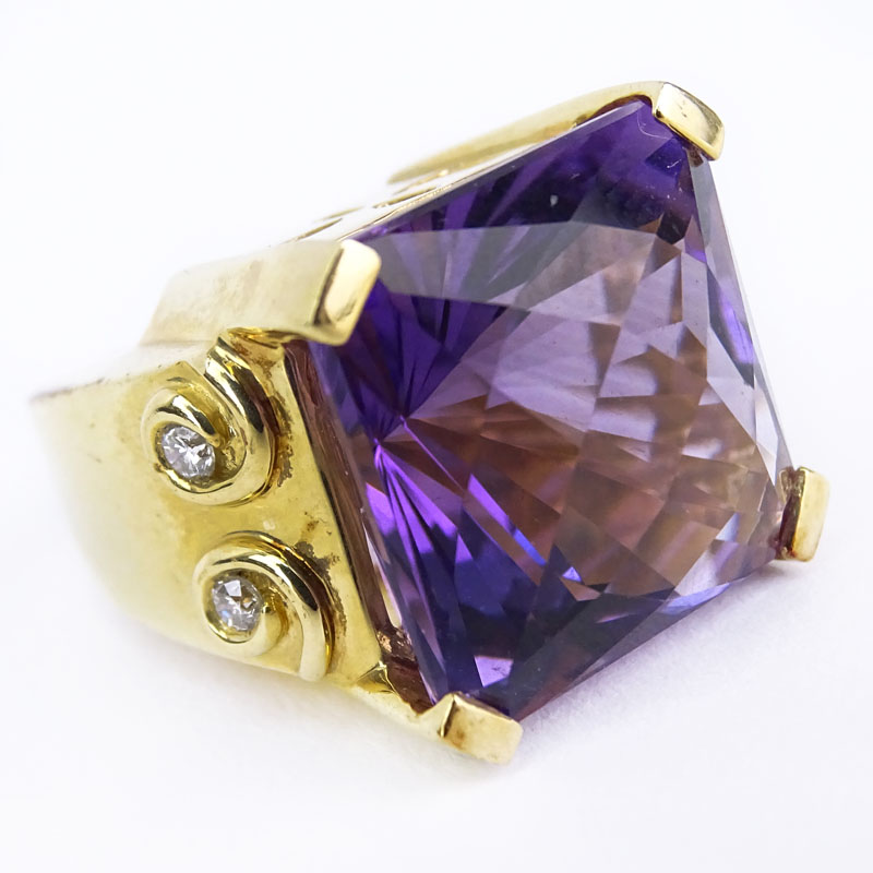 Vintage Criss Cross Square Cut Amethyst, Diamond and 14 Karat Yellow Gold Ring. 