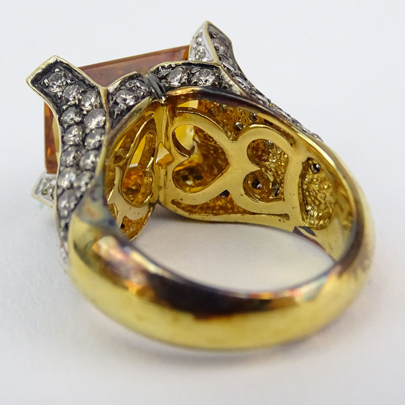 Vintage Rectangular Cut Citrine, Pave Set Diamond and 14 Karat Yellow and White Gold Ring. 