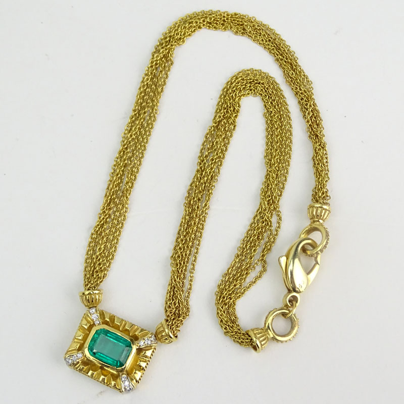 Approx. 3.65 Carat Emerald, Round Brilliant Cut Diamond and 18 Karat Yellow Gold Pendant Necklace. 