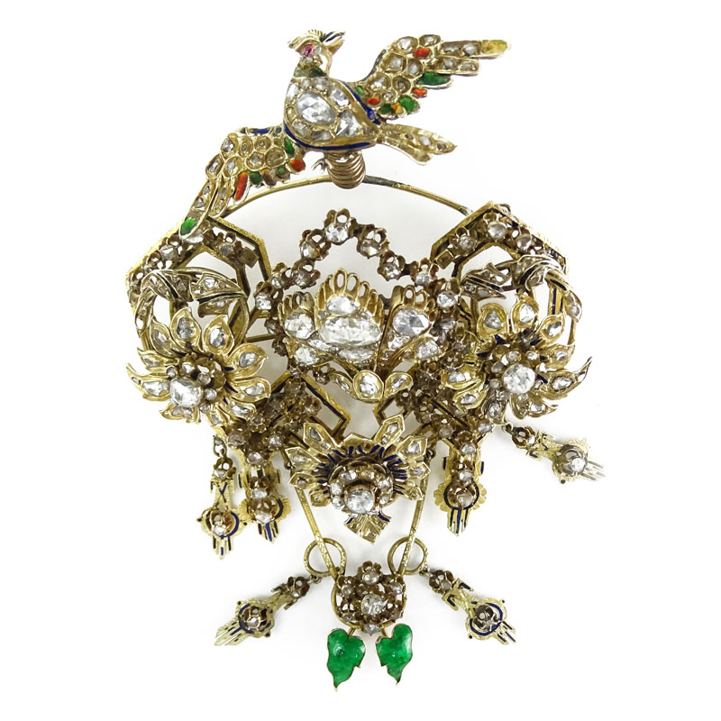 Museum Quality Large 19th Century Turkey Late Ottoman Rose Cut and Old Mine Cut Diamond, Enamel, Yellow Gold and Silver Articulated Bird Brooch.