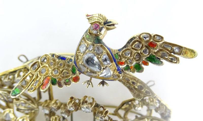 Museum Quality Large 19th Century Turkey Late Ottoman Rose Cut and Old Mine Cut Diamond, Enamel, Yellow Gold and Silver Articulated Bird Brooch.