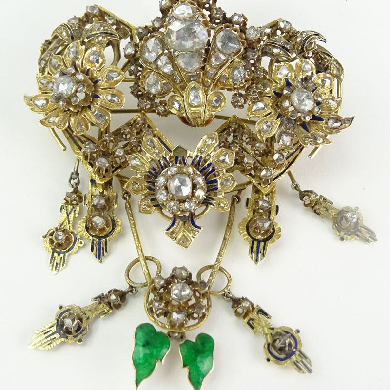 Museum Quality Large 19th Century Turkey Late Ottoman Rose Cut and Old Mine Cut Diamond, Enamel, Yellow Gold and Silver Articulated Bird Brooch.