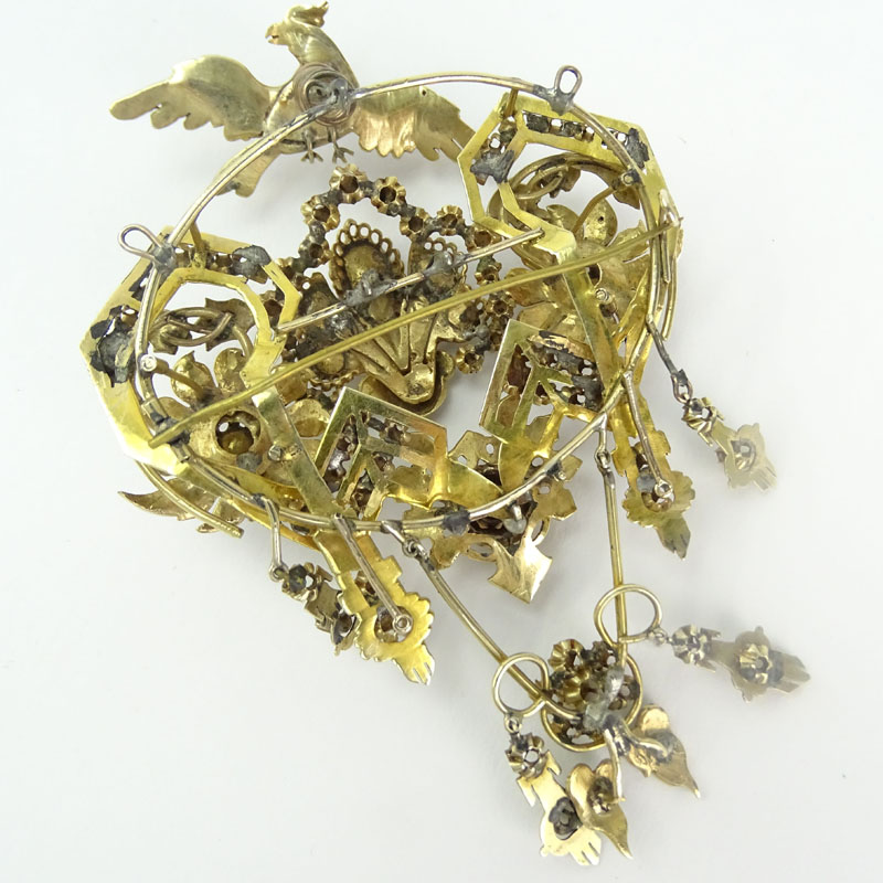 Museum Quality Large 19th Century Turkey Late Ottoman Rose Cut and Old Mine Cut Diamond, Enamel, Yellow Gold and Silver Articulated Bird Brooch.