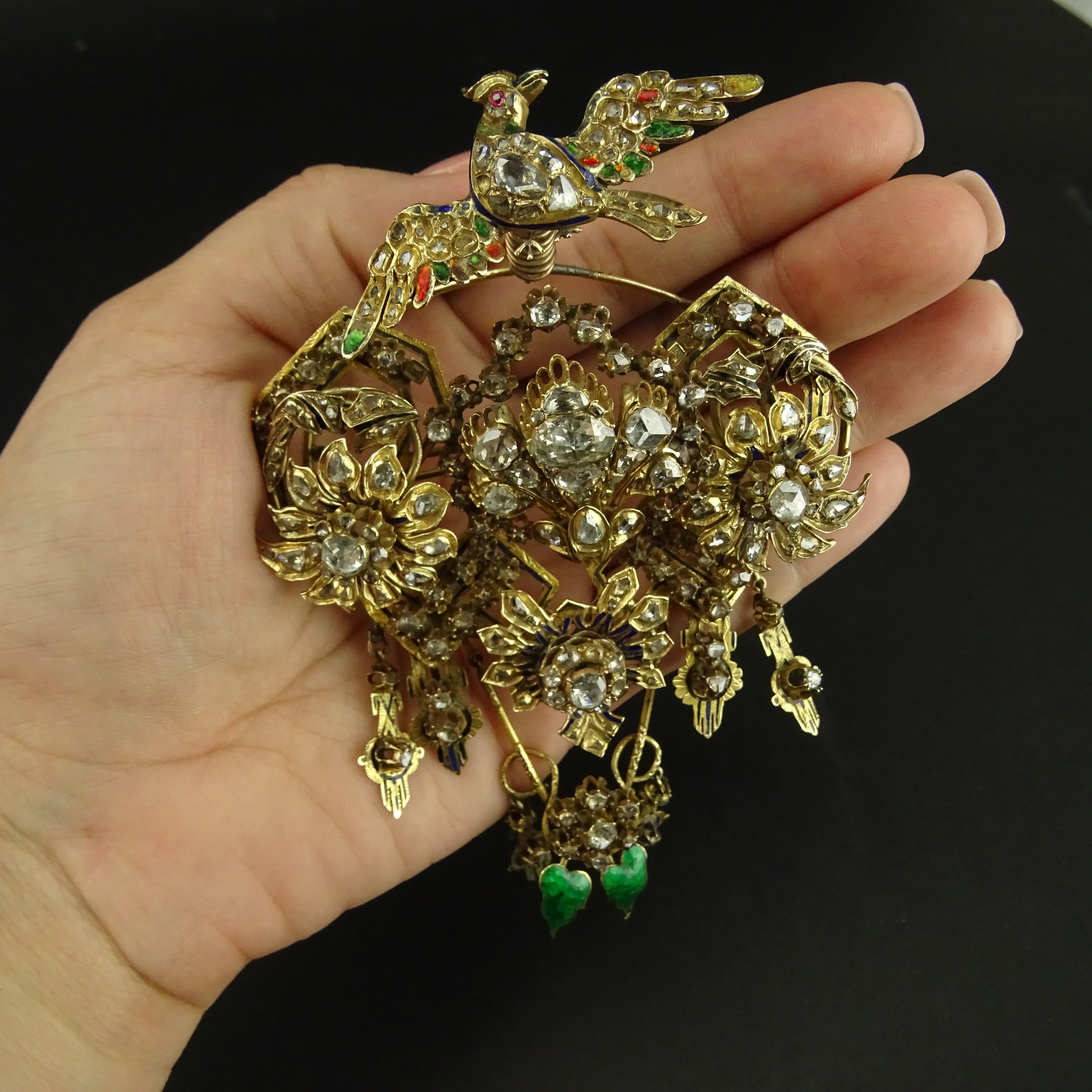 Museum Quality Large 19th Century Turkey Late Ottoman Rose Cut and Old Mine Cut Diamond, Enamel, Yellow Gold and Silver Articulated Bird Brooch.