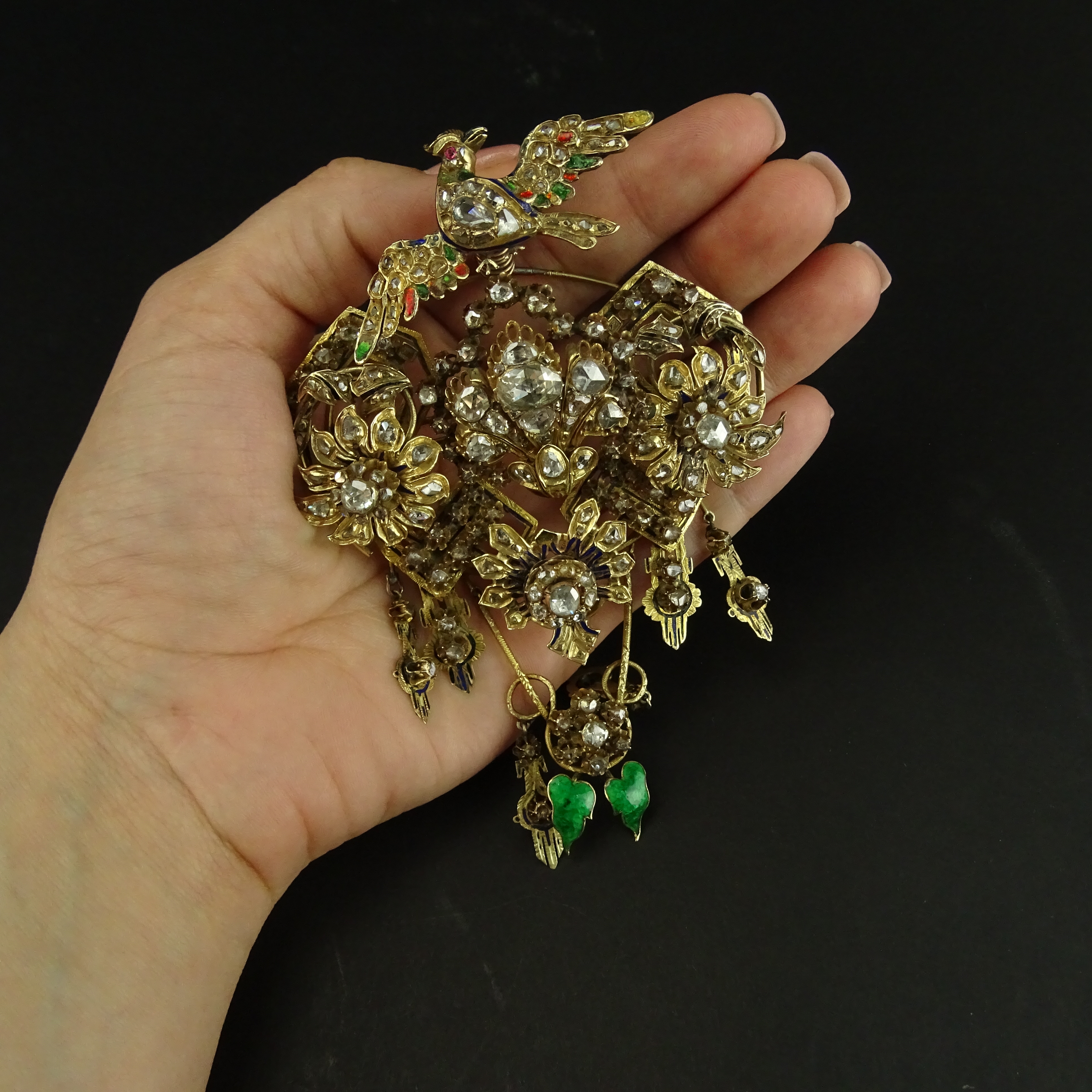 Museum Quality Large 19th Century Turkey Late Ottoman Rose Cut and Old Mine Cut Diamond, Enamel, Yellow Gold and Silver Articulated Bird Brooch.