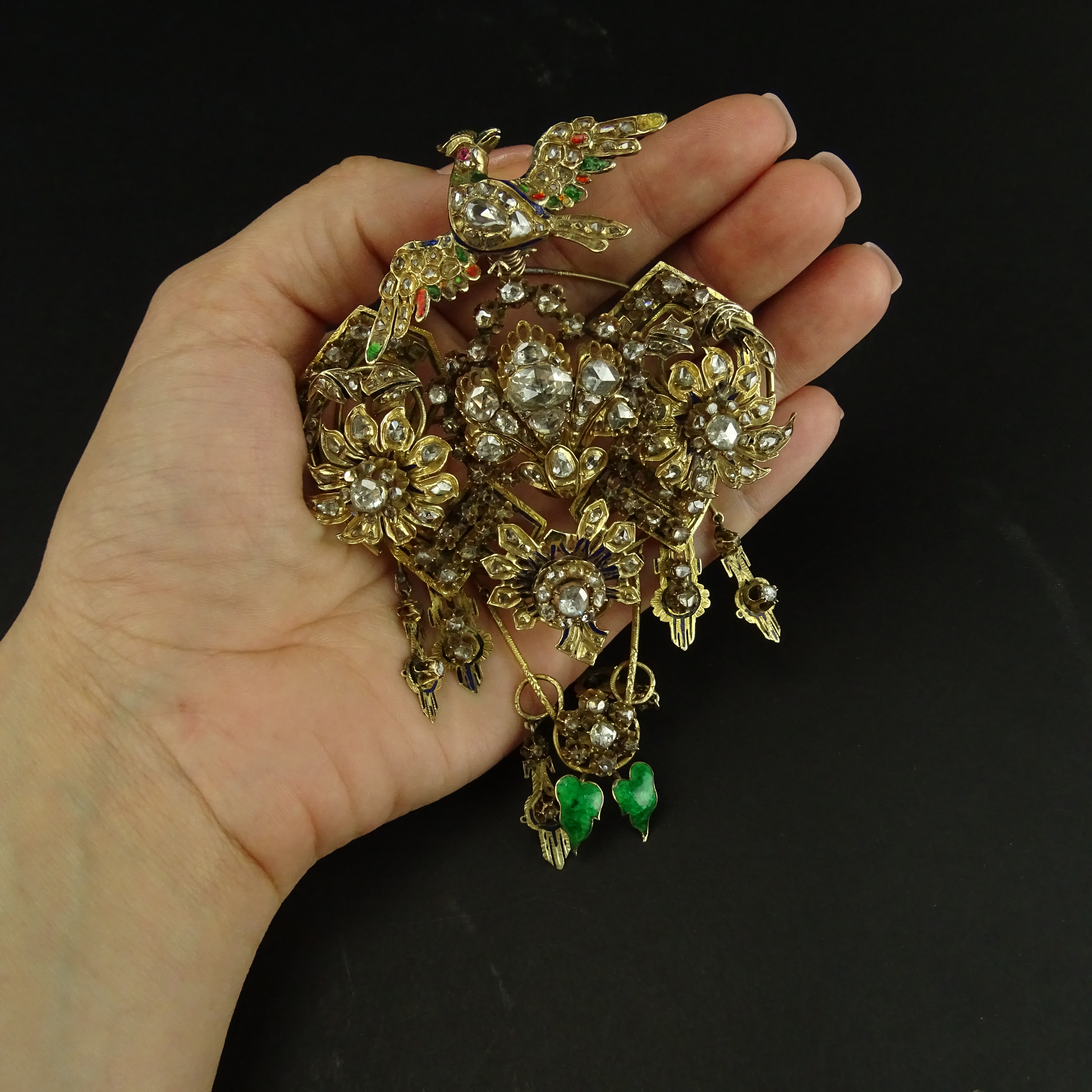 Museum Quality Large 19th Century Turkey Late Ottoman Rose Cut and Old Mine Cut Diamond, Enamel, Yellow Gold and Silver Articulated Bird Brooch.