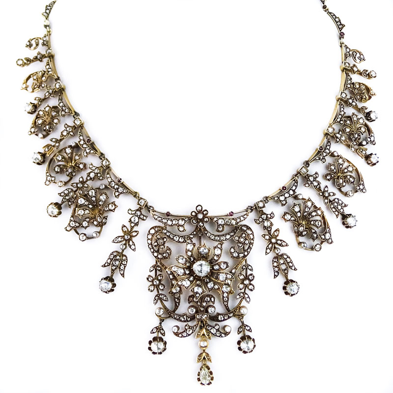 Museum Quality Large 19th Century Turkey Late Ottoman Rose Cut and Old Mine Cut Diamond, Ruby and Yellow Gold Necklace. 