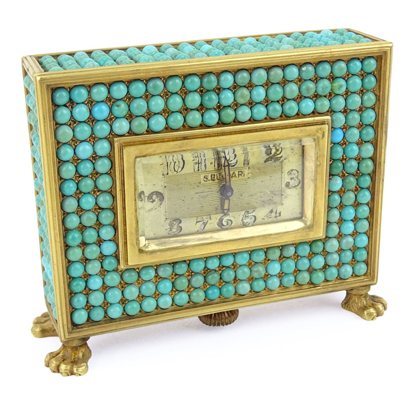 Important Antique Bulgari 18 Karat Yellow Gold and Pave Set Cabochon Turquoise Desk Clock Signed S Bulgari (Sotirio Bulgari (1857-1932).