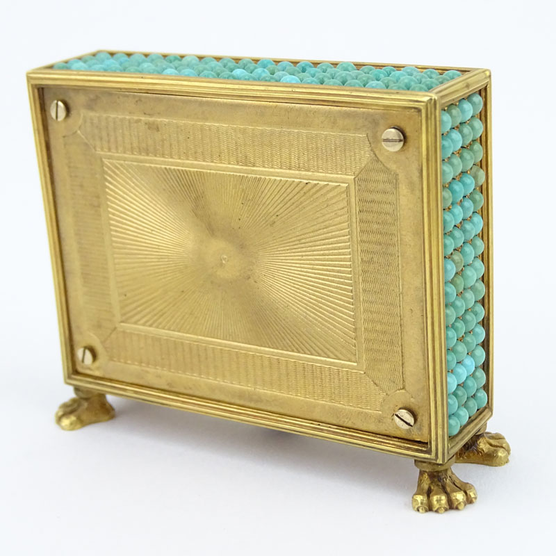 Important Antique Bulgari 18 Karat Yellow Gold and Pave Set Cabochon Turquoise Desk Clock Signed S Bulgari (Sotirio Bulgari (1857-1932).