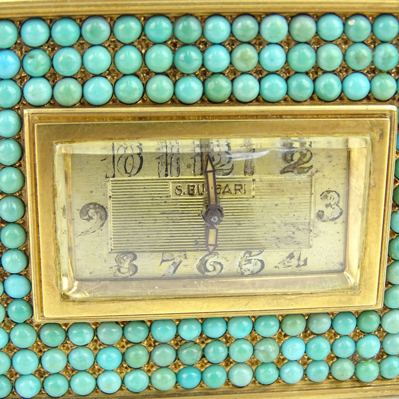 Important Antique Bulgari 18 Karat Yellow Gold and Pave Set Cabochon Turquoise Desk Clock Signed S Bulgari (Sotirio Bulgari (1857-1932).