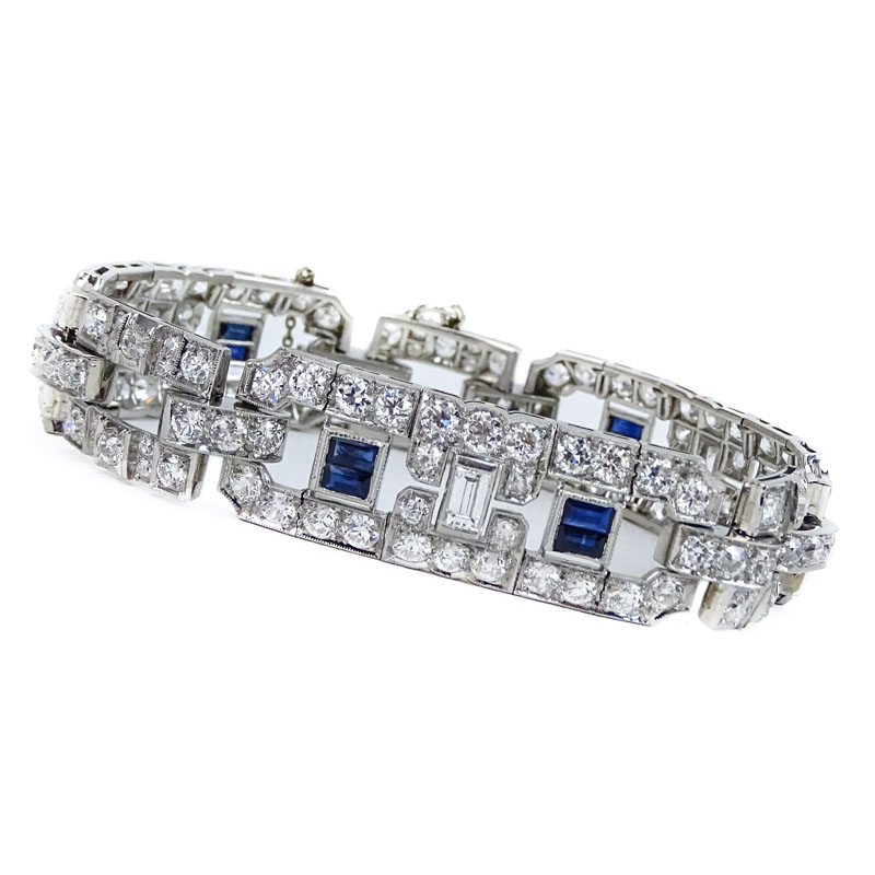 Art Deco Circa 1930s Approx. 10.0 Carat Old European Cut Diamond, 5.0 Carat Sapphire and Platinum Bracelet. 