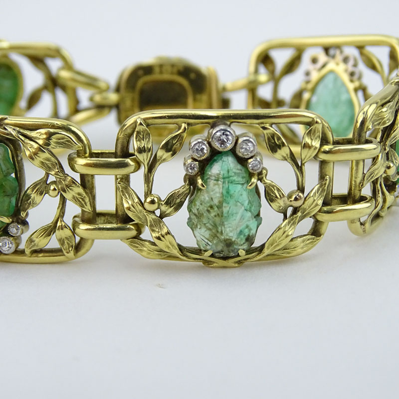 Antique Art Nouveau Approx. 5.0 Carat Carved Emerald, 1.0 Carat Diamond and 18 Karat Yellow Gold Bracelet. 