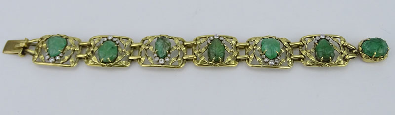 Antique Art Nouveau Approx. 5.0 Carat Carved Emerald, 1.0 Carat Diamond and 18 Karat Yellow Gold Bracelet. 