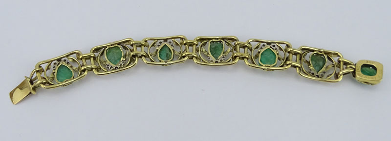 Antique Art Nouveau Approx. 5.0 Carat Carved Emerald, 1.0 Carat Diamond and 18 Karat Yellow Gold Bracelet. 