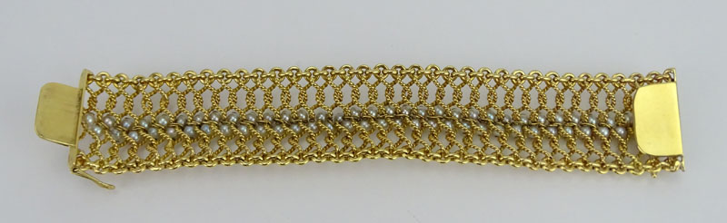 Vintage 14 Karat Yellow Gold Mesh Link Bracelet and White/Grey/Pink Pearl Wide Bracelet.