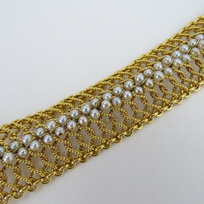 Vintage 14 Karat Yellow Gold Mesh Link Bracelet and White/Grey/Pink Pearl Wide Bracelet.