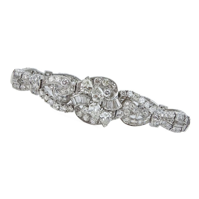 Vintage Circa 1950s Pear Shape, Round Brilliant and Baguette Cut Diamond and Platinum Bracelet. 