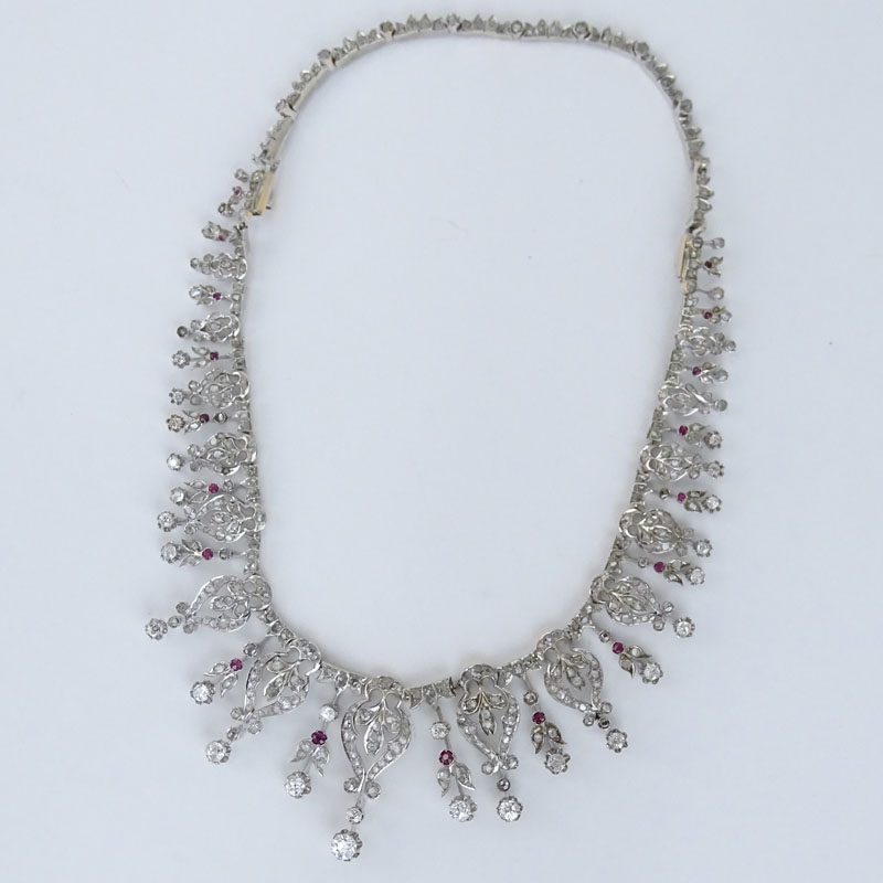 19th Century Victorian Approx. 12.50 Carat Old European Cut Diamond, Ruby and 14 Karat White Gold Necklace. 