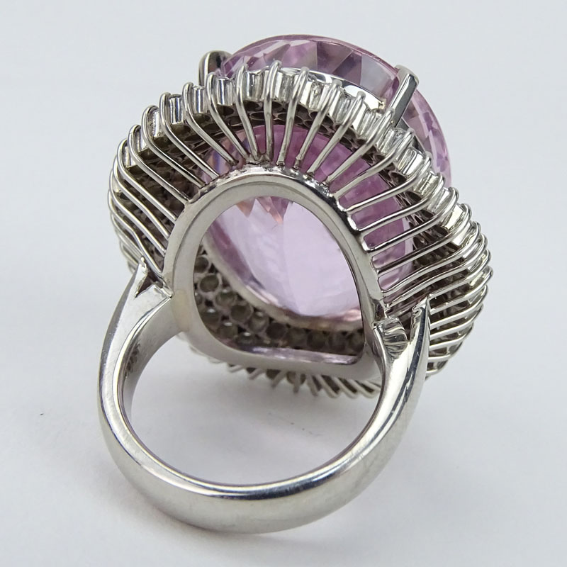 72.65 Carat Oval Cushion Cut Kunzite, 3.50 Carat Round Brilliant Cut Diamond and Platinum Ring.