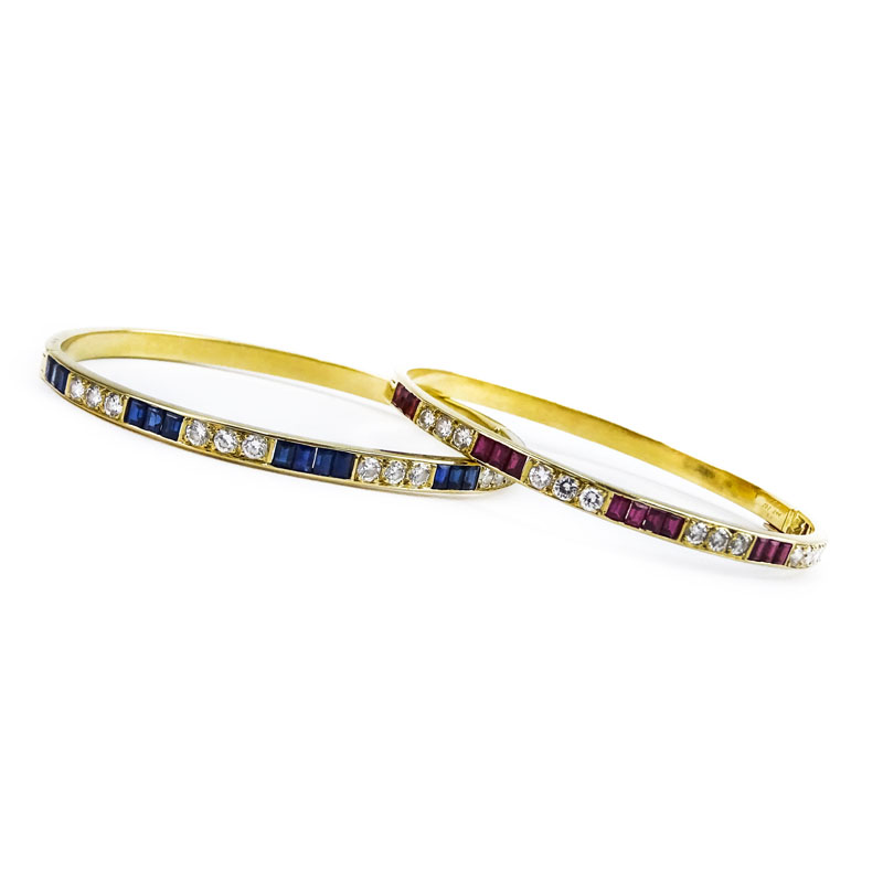 Vintage Van Cleef & Arpels Two (2) 18 Karat Yellow Gold and Diamond Hinged Bangle Bracelets One Set with Rubies the other with Sapphires.