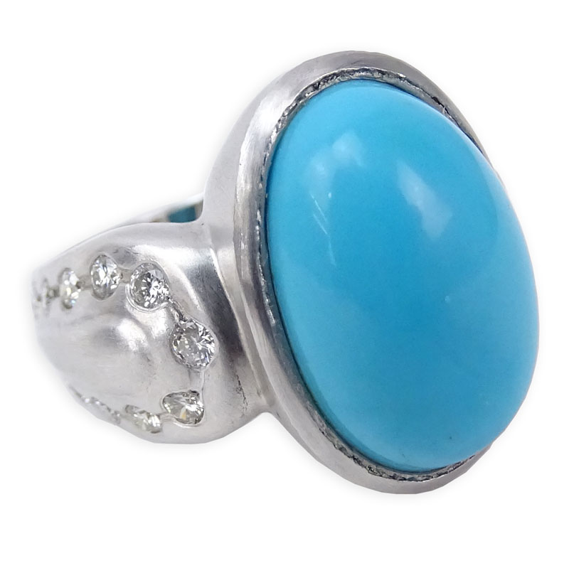 Vintage Persian Turquoise, .60 Carat Round Brilliant Cut Diamond and 18 Karat White Gold Ring. 