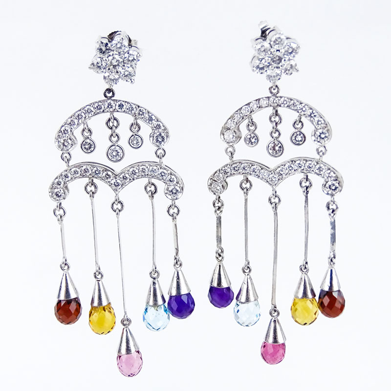 Multi Color Briolette Cut Sapphire, 2.0 Carat Round Brilliant Cut Diamond and 18 Karat White Gold Chandelier Earrings.