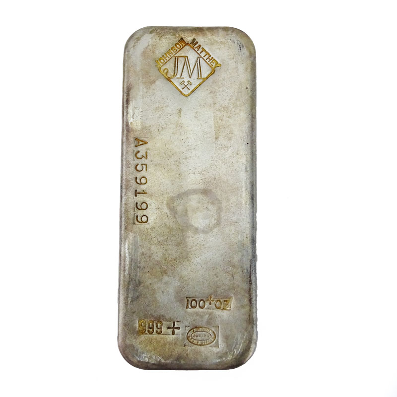 Johnson Matthey 100 oz. 9999 Pure Silver Bar, #A359199.