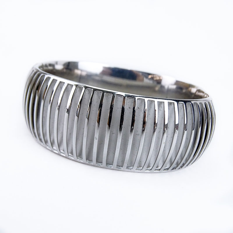 Vintage Italian 14 Karat White Gold Modernist 3D Hinged Bangle Bracelet.