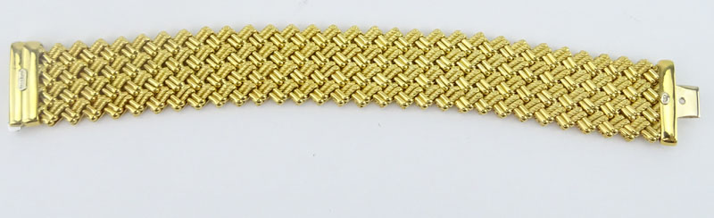 Vintage Italian 18 Karat Yellow Gold Flexible Mesh Wide Bracelet with Small Diamond Accents to Clasp.