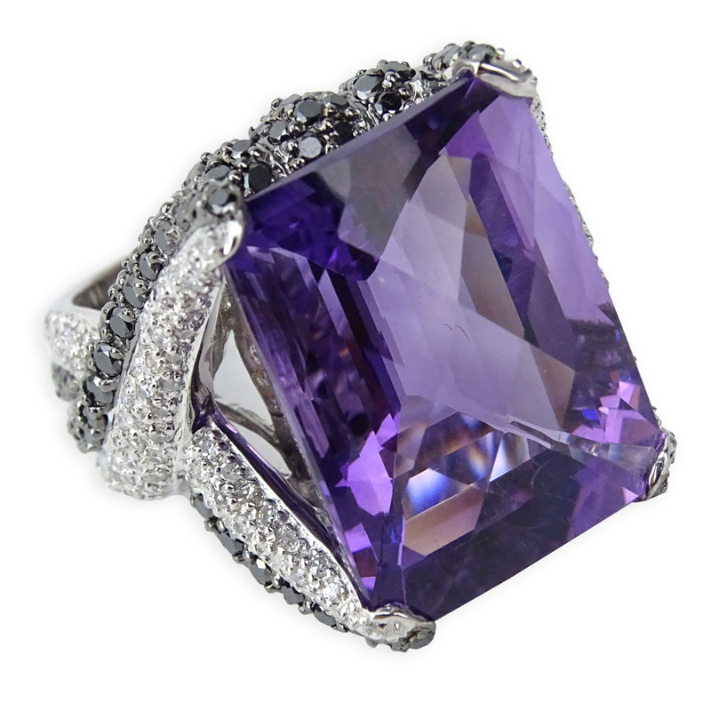 Large Criss Cross Rectangular Cut Amethyst, Pave Set Black and White Diamond and 14 Karat White Gold Ring. 