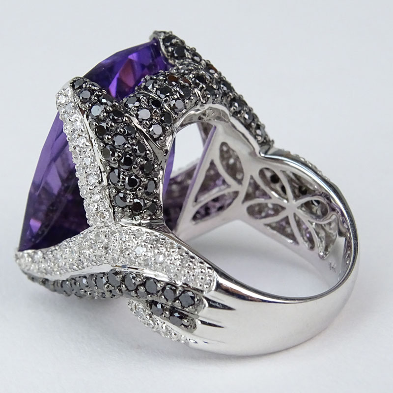 Large Criss Cross Rectangular Cut Amethyst, Pave Set Black and White Diamond and 14 Karat White Gold Ring. 