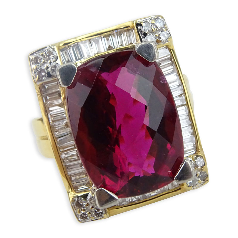 Large Oval Criss Cross Cut Rubelite Tourmaline, Diamond and 18 Karat Yellow Gold Ring. 