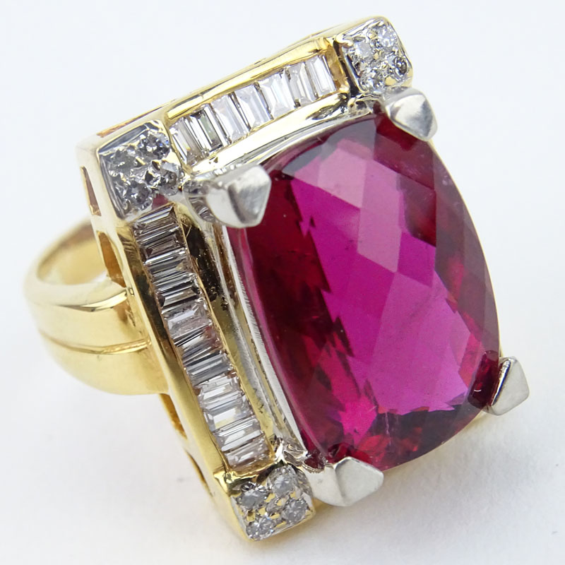 Large Oval Criss Cross Cut Rubelite Tourmaline, Diamond and 18 Karat Yellow Gold Ring. 