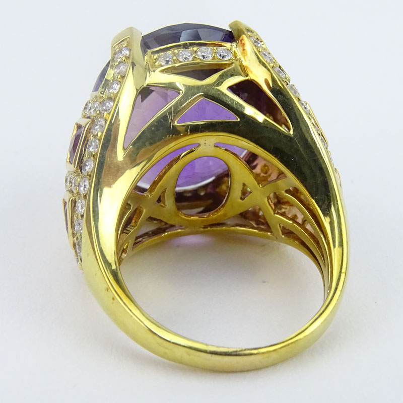 Large Criss Cross Oval Cut Amethyst, Pink Sapphire, Diamond and 18 Karat Yellow Gold Ring. 