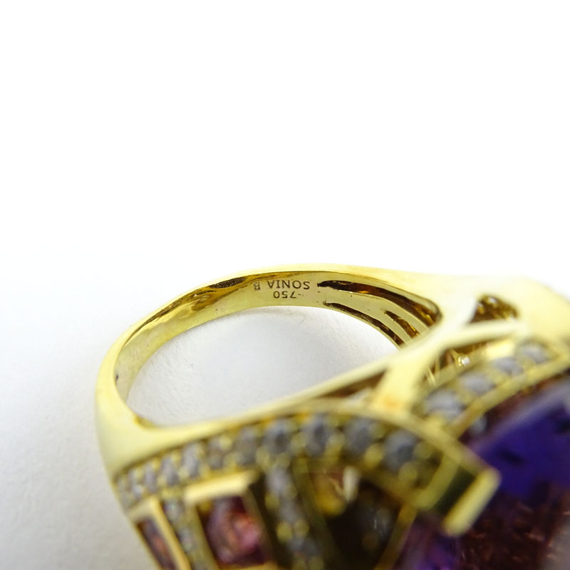 Large Criss Cross Oval Cut Amethyst, Pink Sapphire, Diamond and 18 Karat Yellow Gold Ring. 