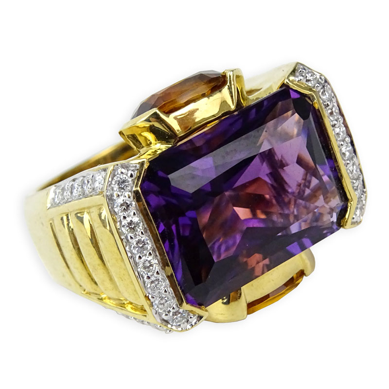 Amethyst, Citrine, Diamond and 14 Karat Yellow Gold Ring.