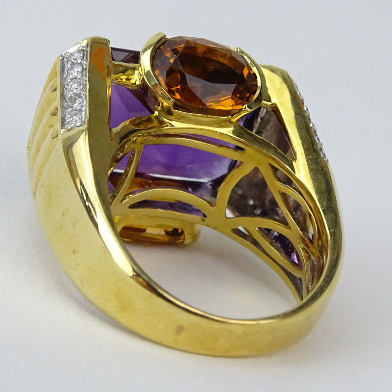 Amethyst, Citrine, Diamond and 14 Karat Yellow Gold Ring.