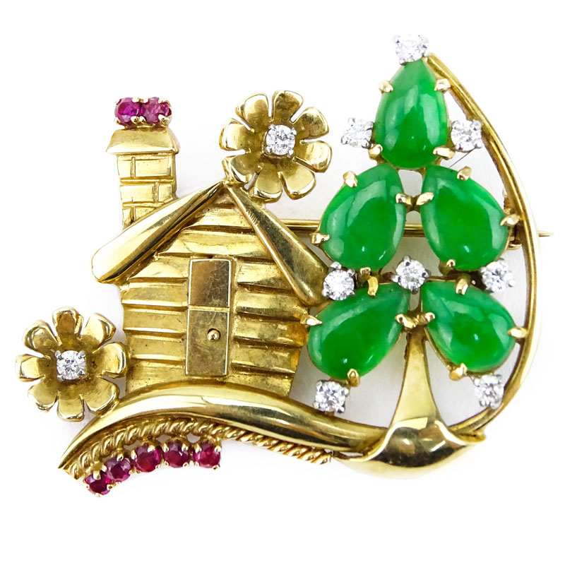 Tiffany & Co Diamond, Ruby, Jade and 14 Karat Yellow Gold Brooch. 