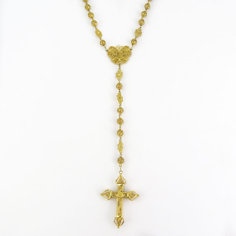 Vintage Filigree Yellow Gold Rosary / Necklace with 14 Karat Filigree Yellow Gold Cross Pendant.