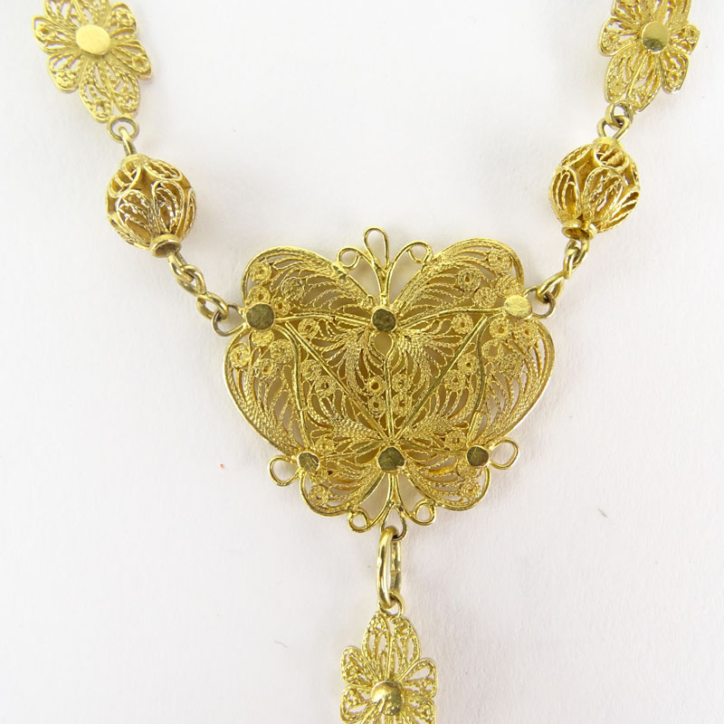 Vintage Filigree Yellow Gold Rosary / Necklace with 14 Karat Filigree Yellow Gold Cross Pendant.