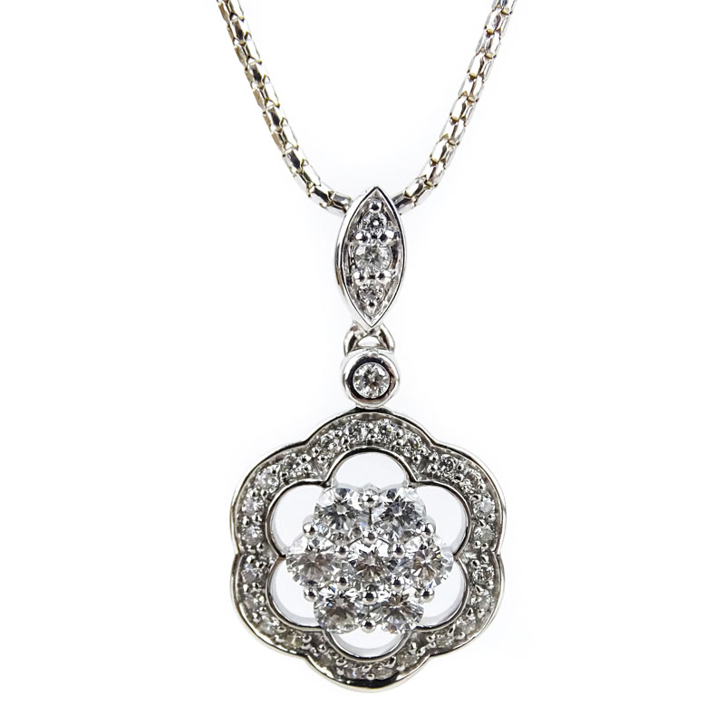 Approx. 1.25 Carat TW Round Brilliant Cut Diamond and 14 Karat White Gold Pendant Necklace.